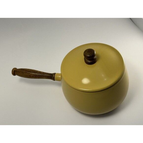 Vintage Fondue Pan Pot Sauce Golden Yellow w/Lid Wood Handle MCM Retro - Picture 2 of 9